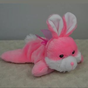 Greenbrier Pink Bunny Rabbit Plush Stuffed Animal White Bow Laying Lying Down